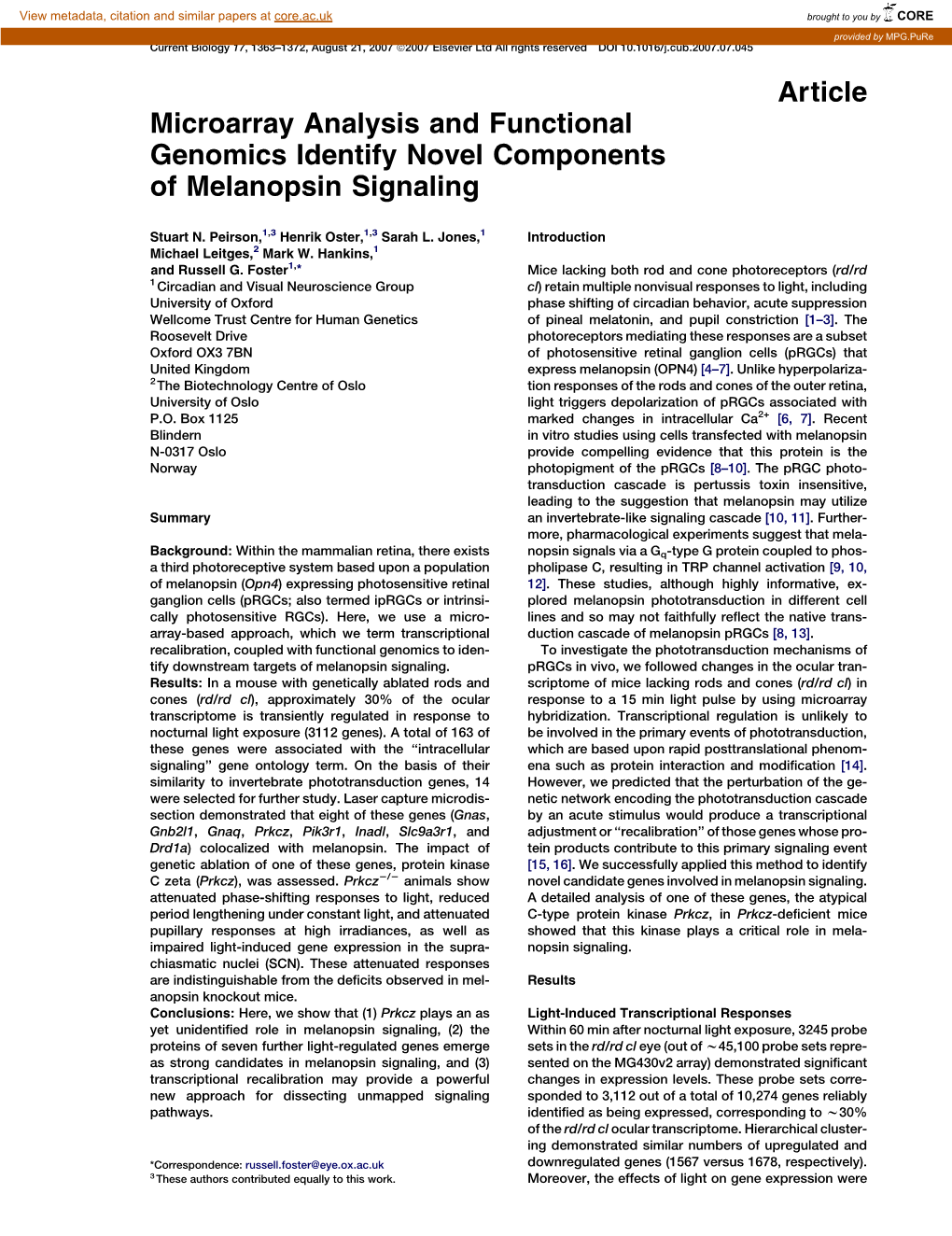 Article Microarray Analysis and Functional Genomics Identify Novel Components of Melanopsin Signaling