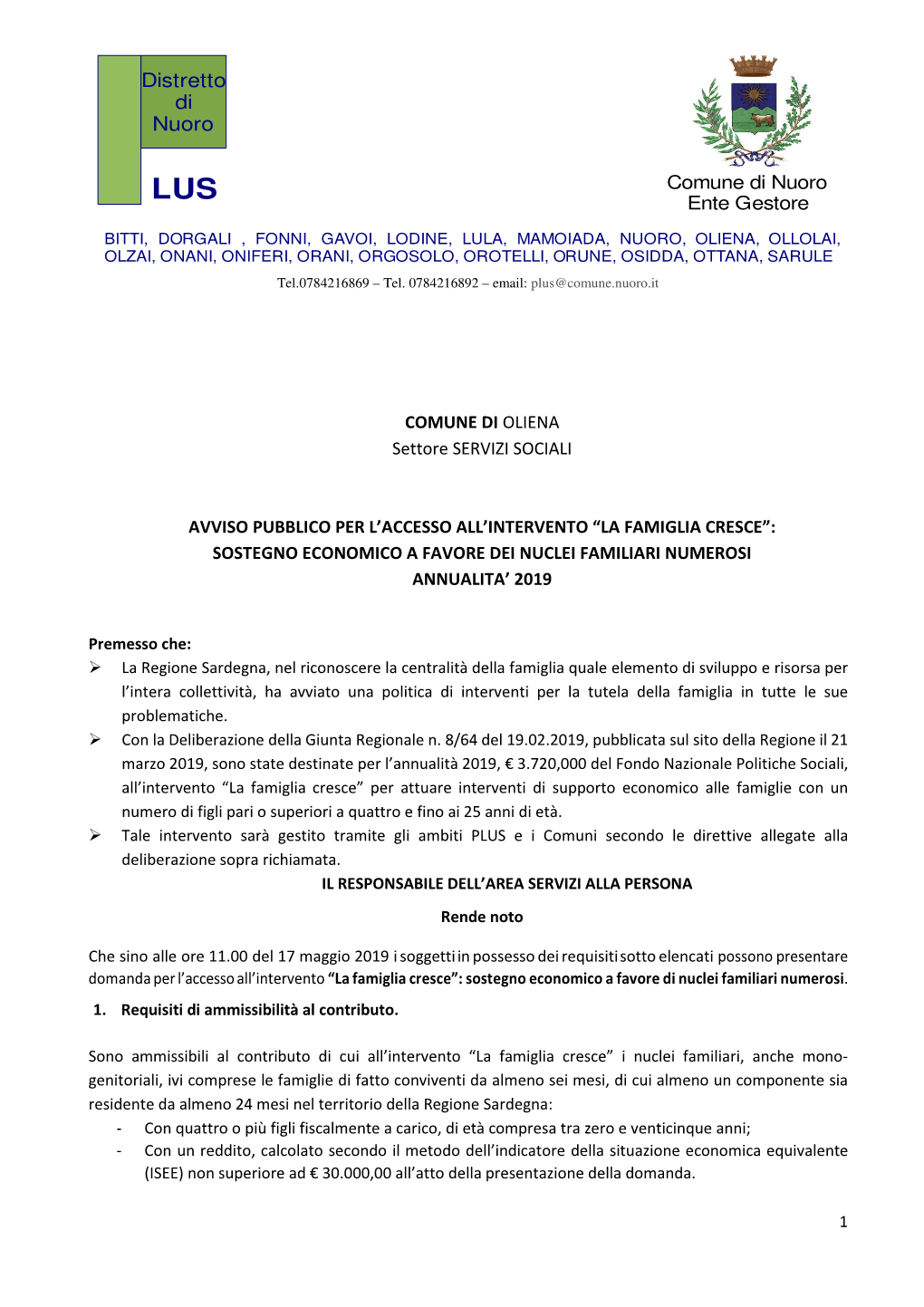 Avviso Pubblico La Famiglia Cresce Annualità 2019 Comune Di Oliena
