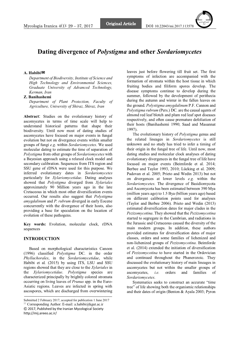 Dating Divergence of Polystigma and Other Sordariomycetes