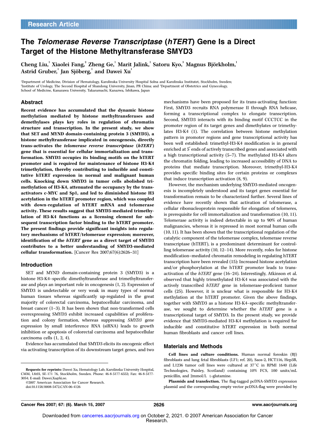 (Htert) Gene Is a Direct Target of the Histone Methyltransferase SMYD3