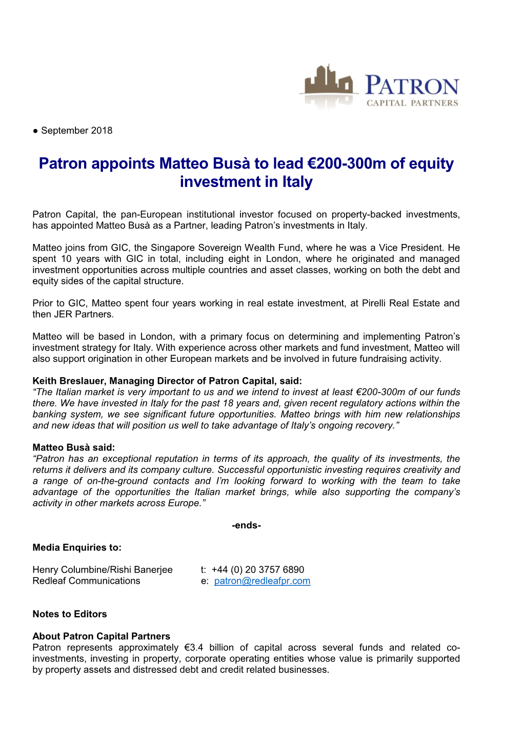 Patron Appoints Matteo Busà to Lead €200-300M of Equity Investment in Italy