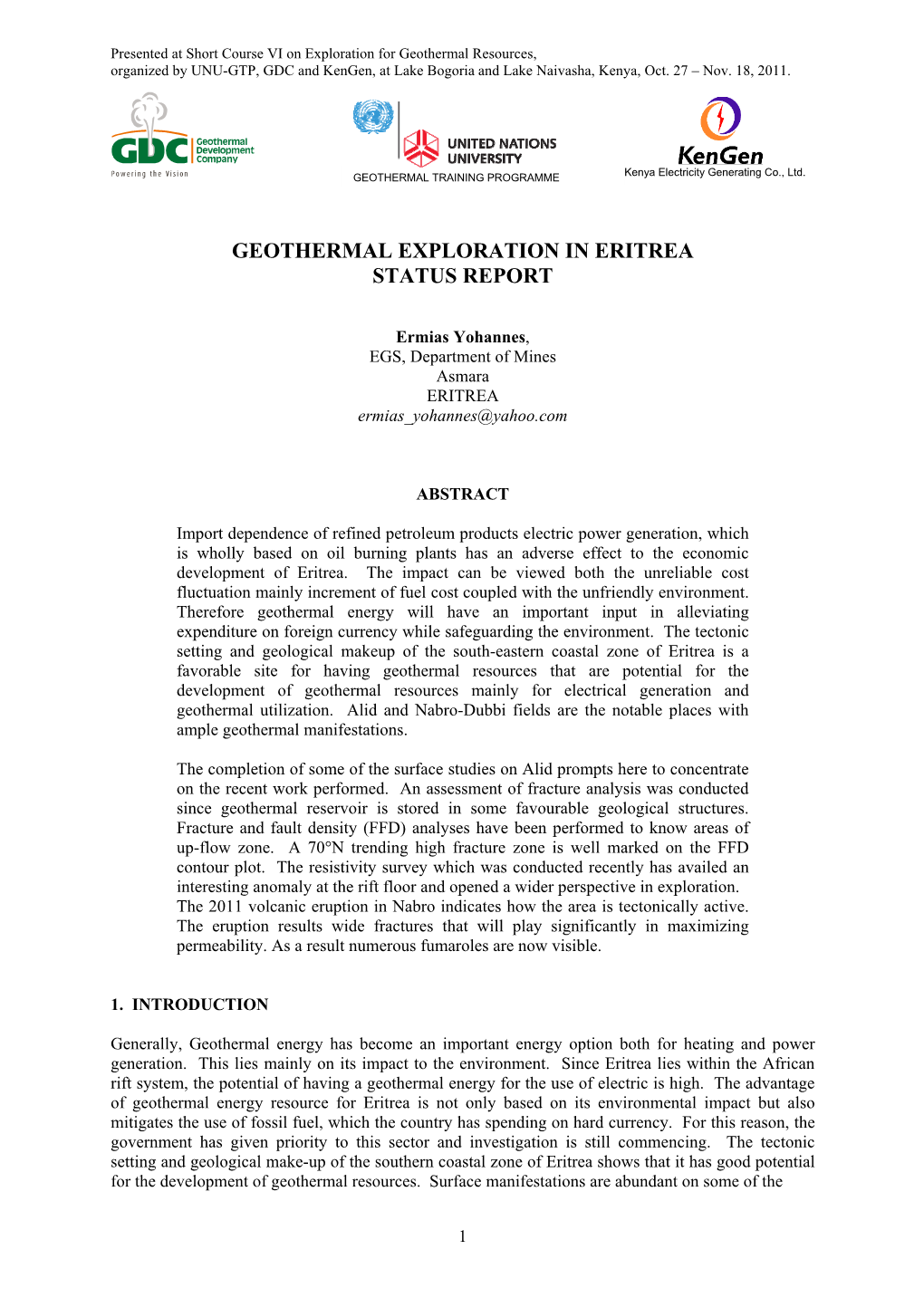 Geothermal Exploration in Eritrea Status Report