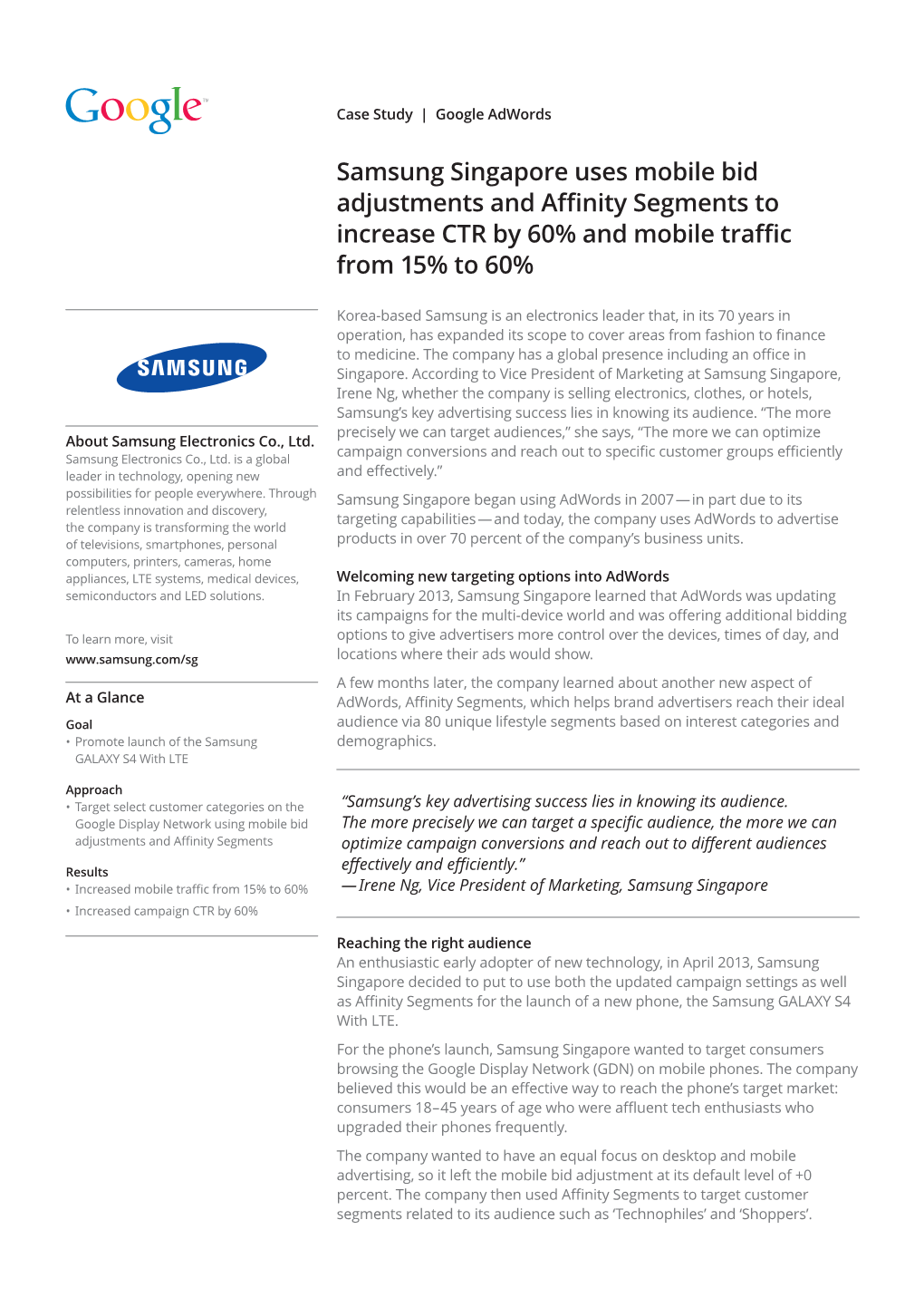 Samsung Singapore Uses Mobile Bid Adjustments and Affinity Segments to Increase CTR by 60% and Mobile Traffic from 15% to 60%