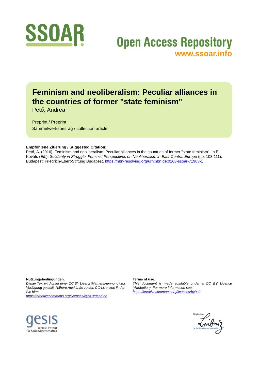 Feminism and Neoliberalism: Peculiar Alliances in the Countries of Former "State Feminism" Pető, Andrea