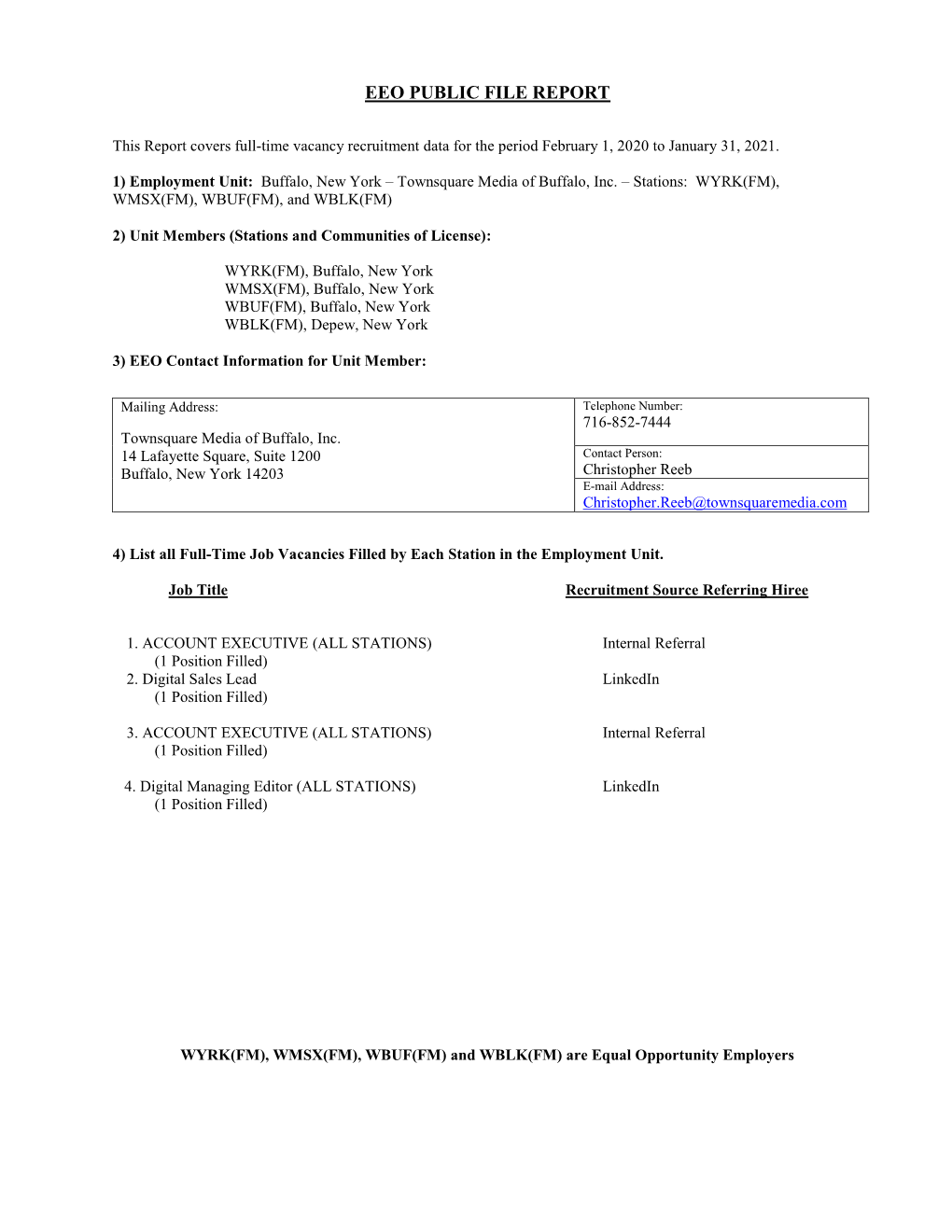 Townsquare Media Buffalo EEO Public File Report 2020-2021