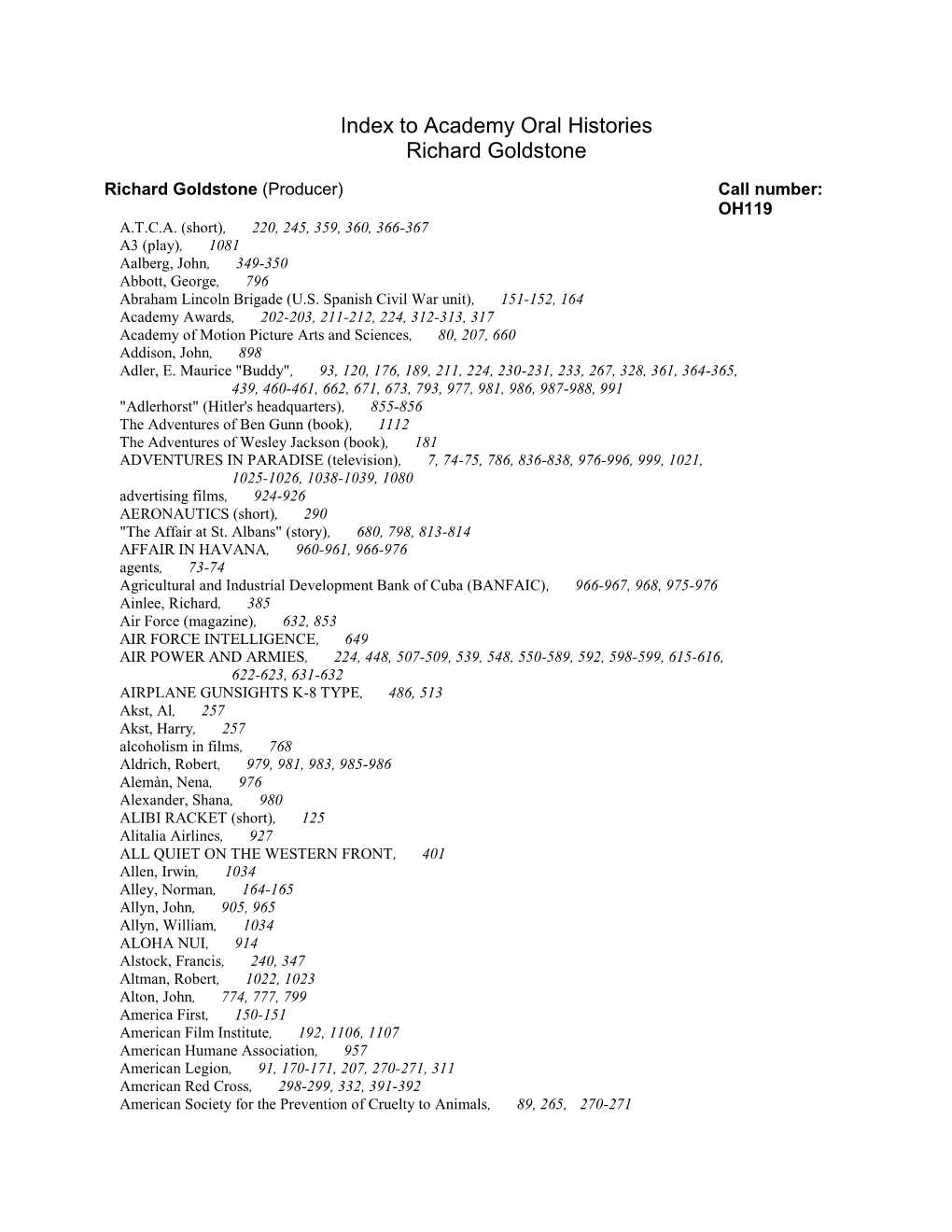 Index to Academy Oral Histories Richard Goldstone