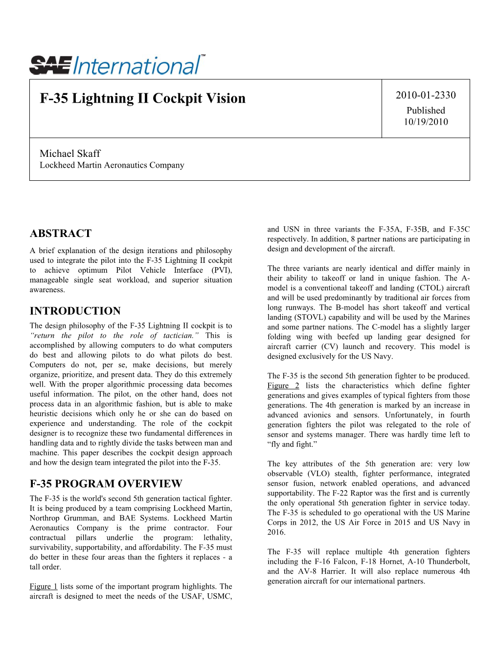 F-35 Lightning II Cockpit Vision 2010-01-2330 Published 10/19/2010