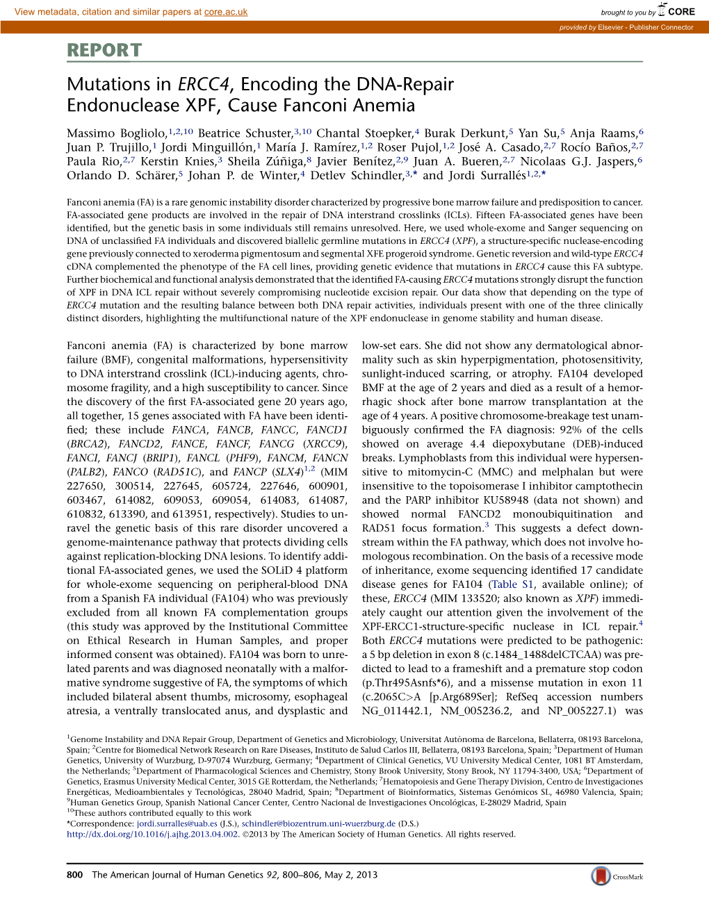 Mutations in ERCC4, Encoding the DNA-Repair Endonuclease XPF, Cause Fanconi Anemia