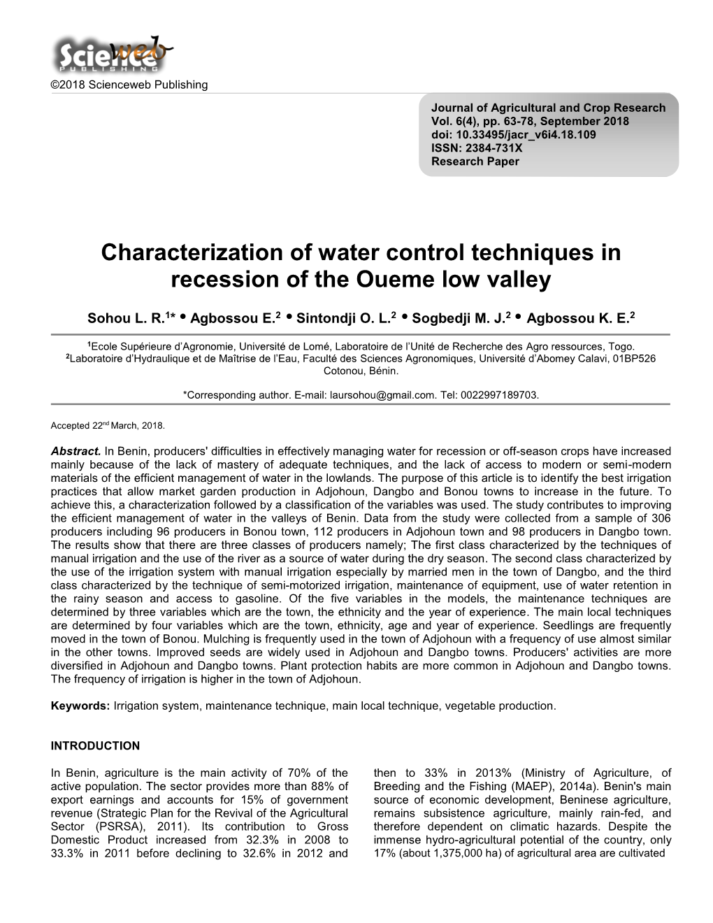 Characterization of Water Control Techniques in Recession of the Oueme Low Valley