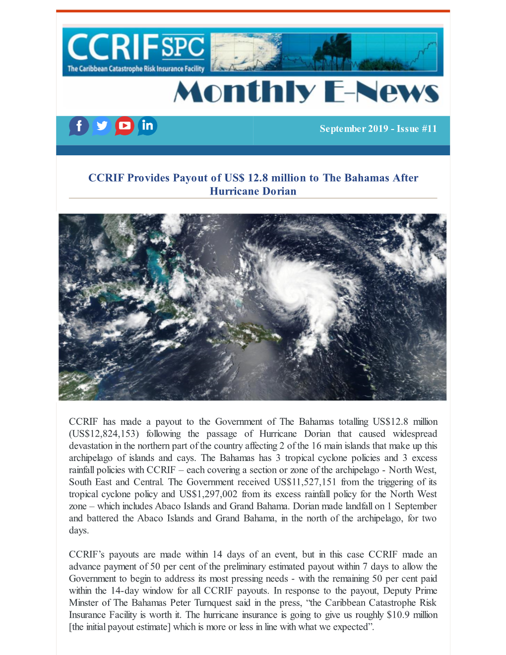 CCRIF Provides Payout of US$ 12.8 Million to the Bahamas After Hurricane Dorian