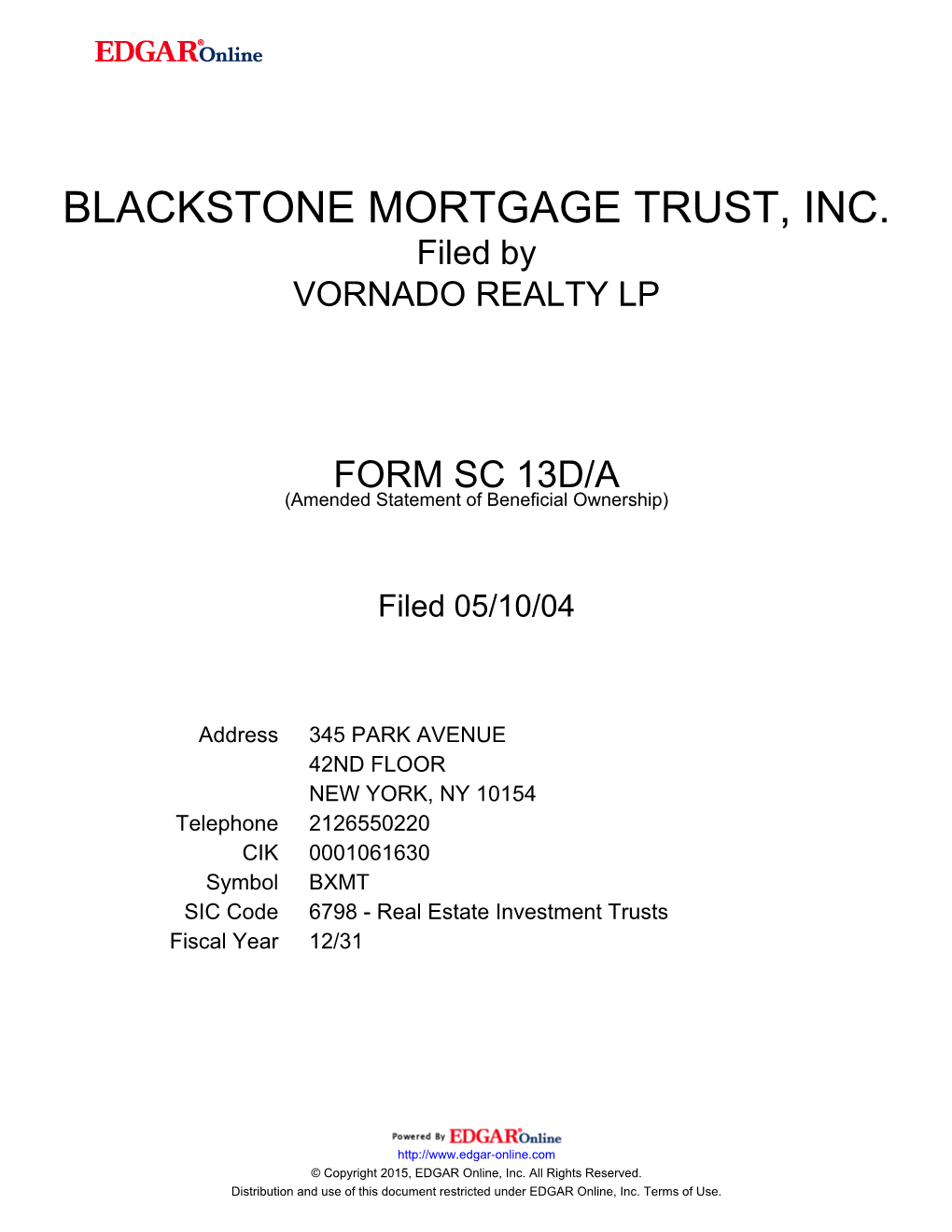 BLACKSTONE MORTGAGE TRUST, INC. Filed by VORNADO REALTY LP