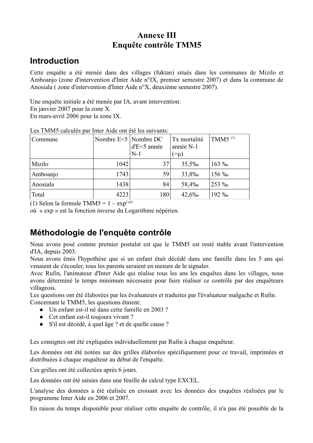 Annexe III Enquête Contrôle TMM5 Introduction