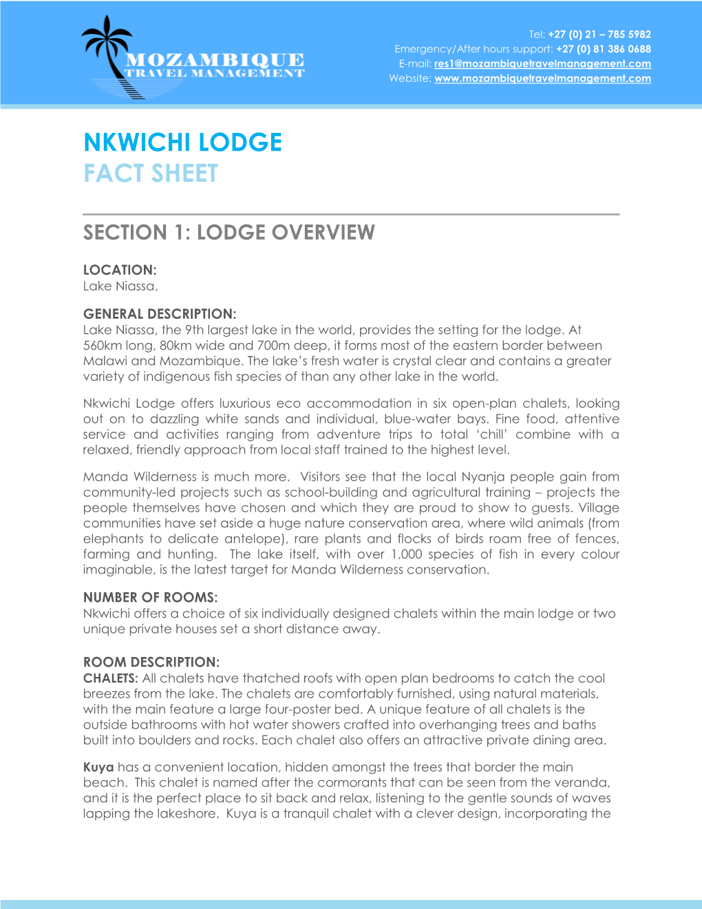 Nkwichi Lodge Fact Sheet