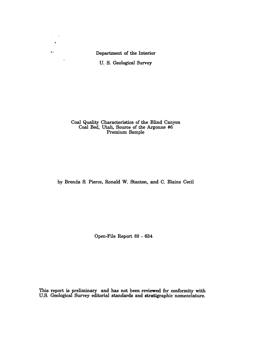 Department of the Interior U. S. Geological Survey Coal Quality