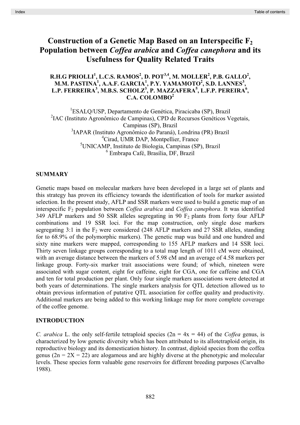 Construction of a Genetic Map Based on an Interspecific F2 Population Between Coffea Arabica and Coffea Canephora and Its Usefulness for Quality Related Traits