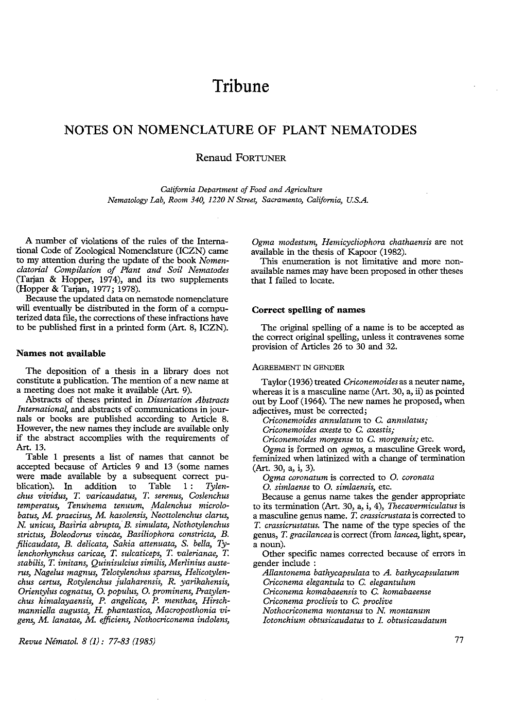 Notes on Nomenclature of Plant Nematodes