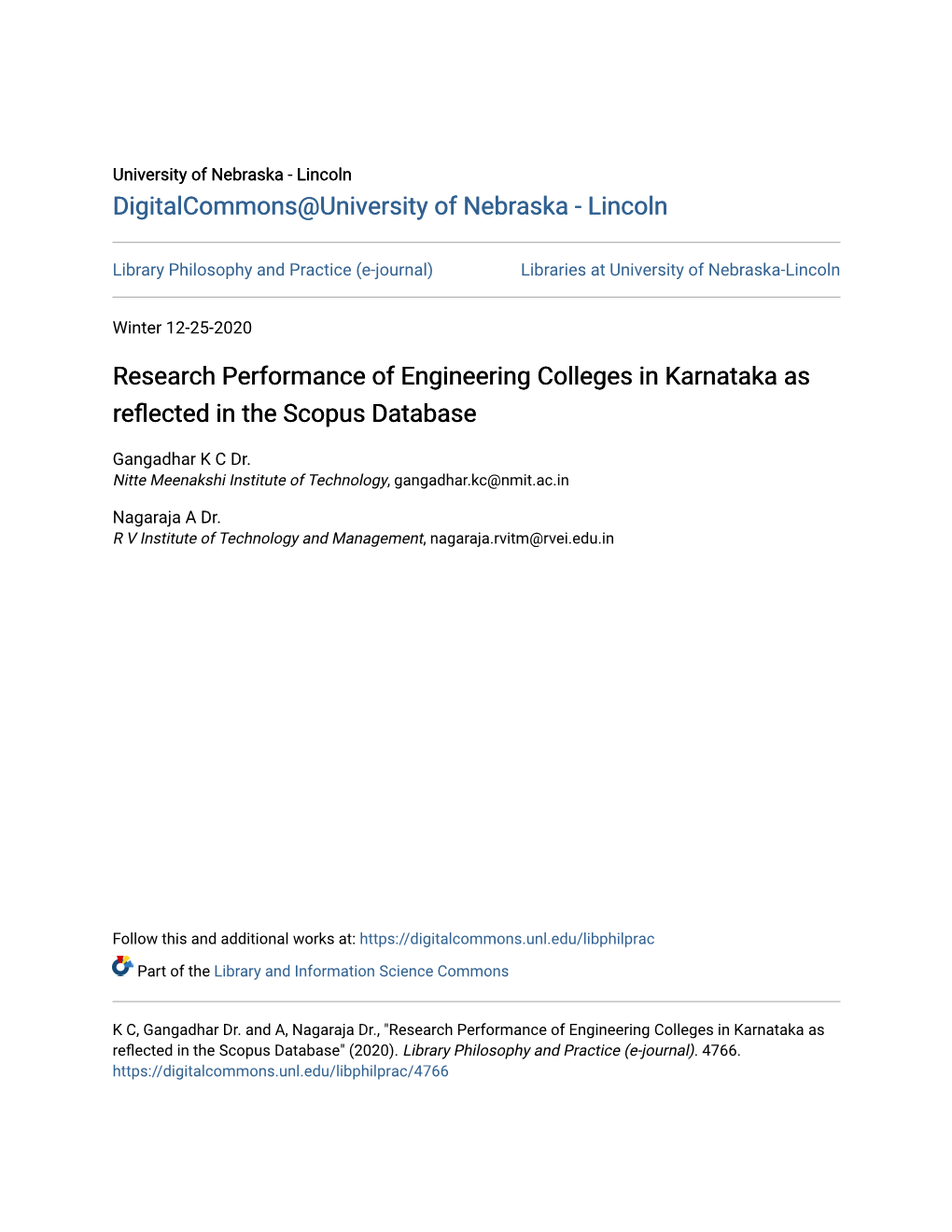 Research Performance of Engineering Colleges in Karnataka As Reflected in the Scopus Database