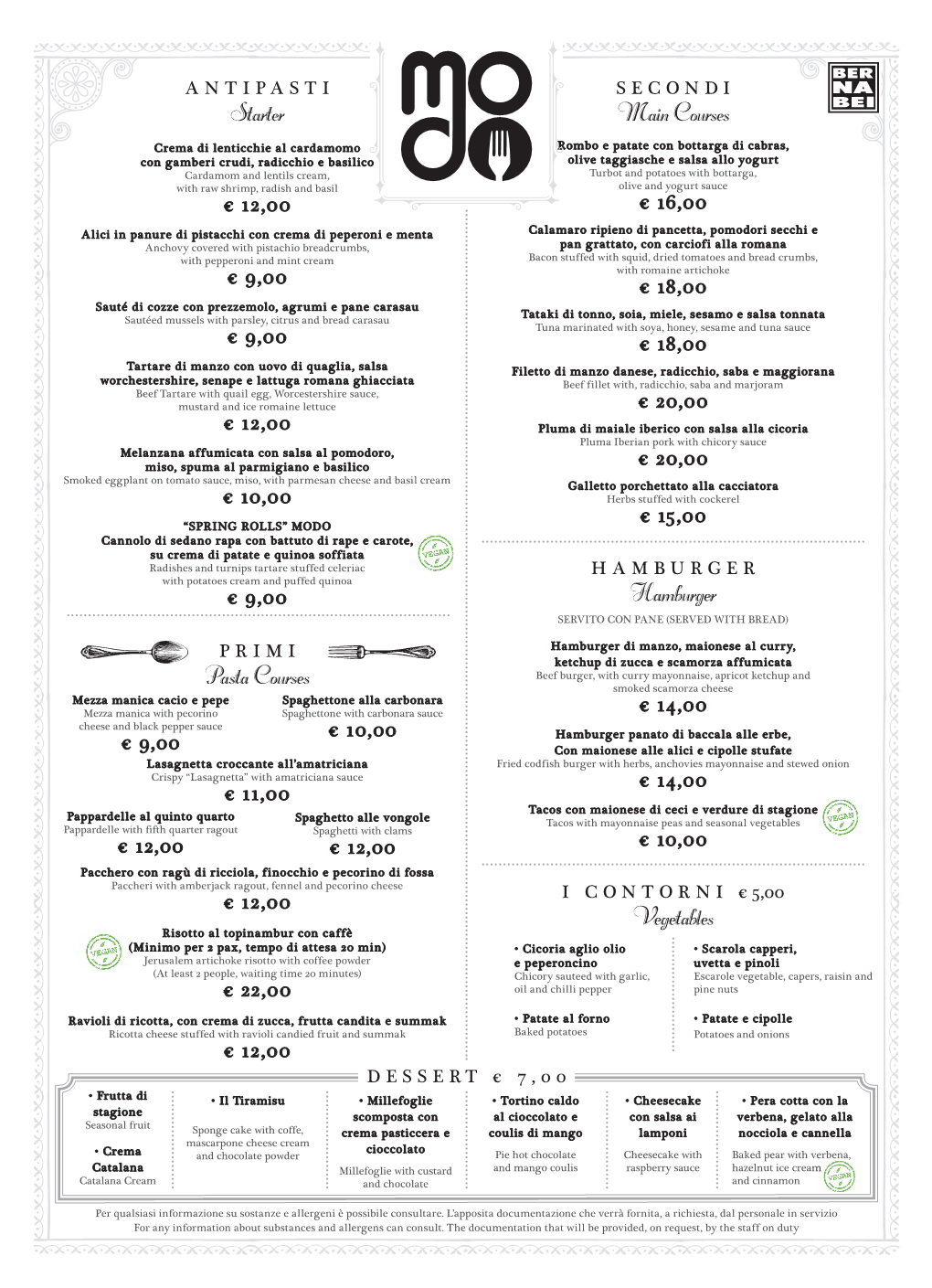 Starter Pasta Courses Main Courses Hamburger Vegetables