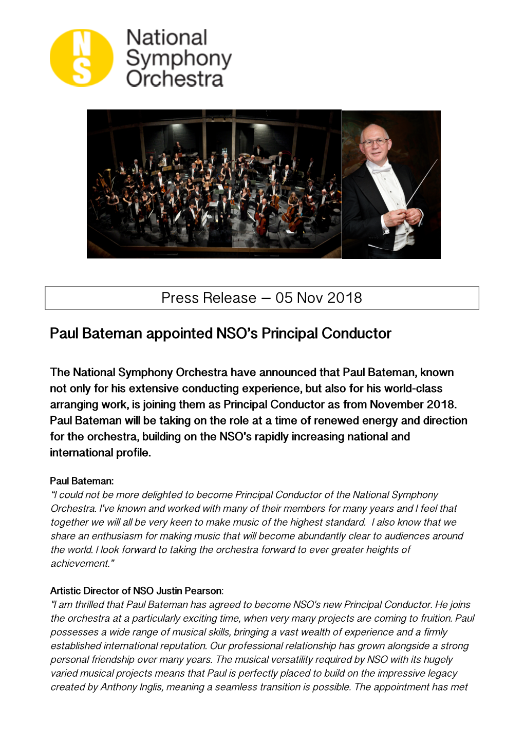 Press Release – 05 Nov 2018 Paul Bateman Appointed NSO's Principal