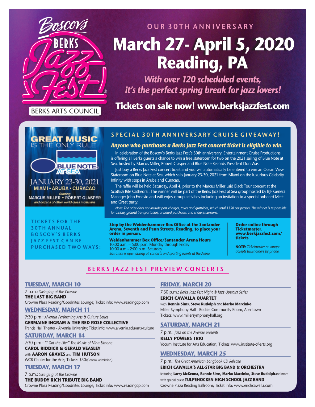 March 27- April 5, 2020 Reading, PA with Over 120 Scheduled Events, It’S the Perfect Spring Break for Jazz Lovers! Tickets on Sale Now!