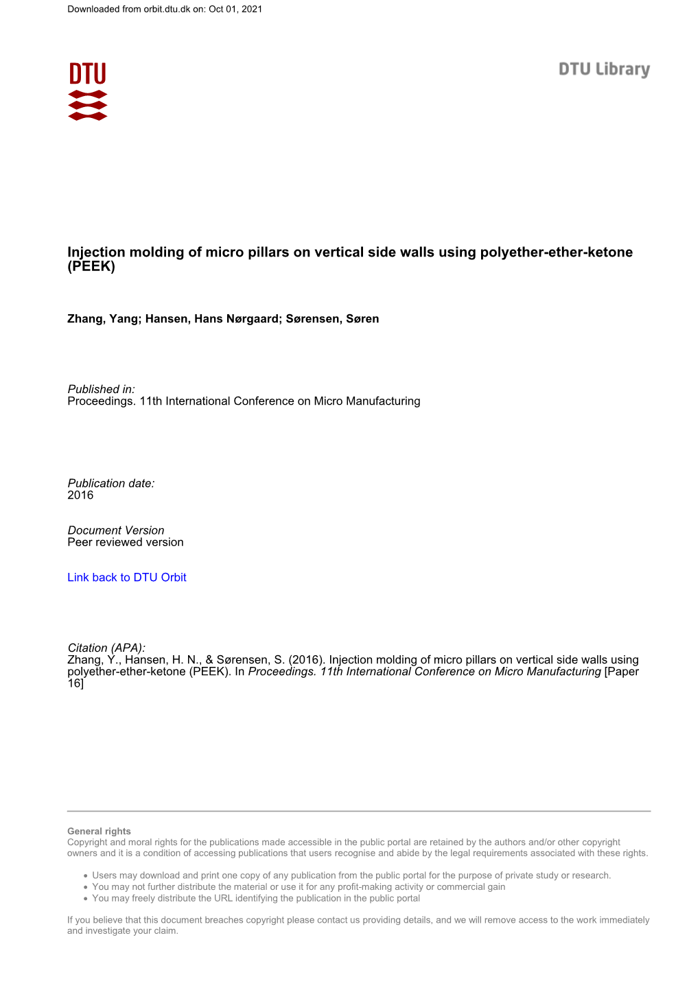 Injection Molding of Micro Pillars on Vertical Side Walls Using Polyether-Ether-Ketone (PEEK)