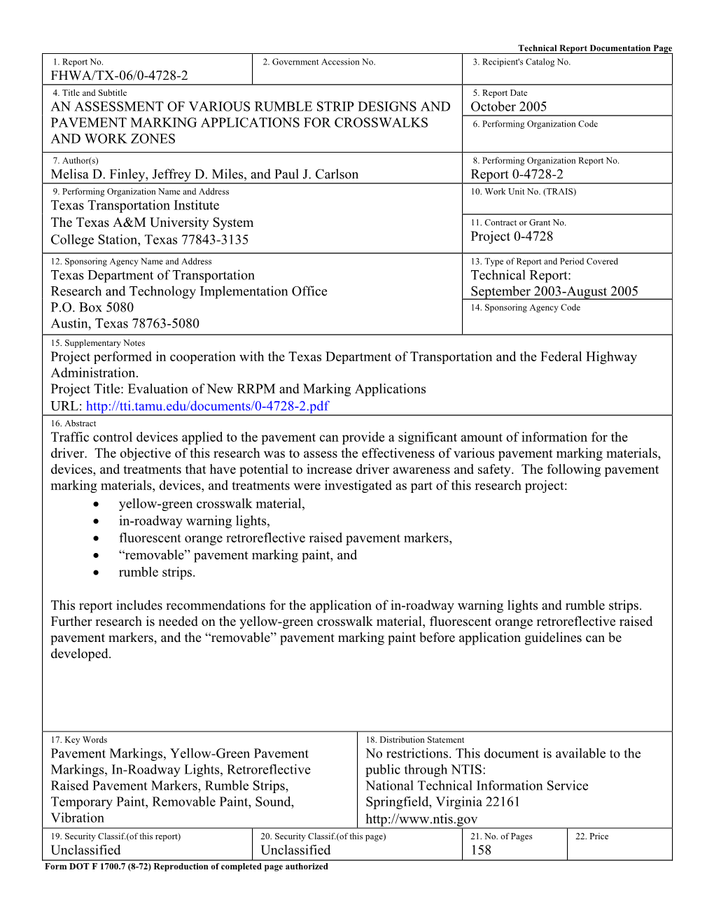 An Assessment of Various Rumble Strip Designs and Pavement Marking Applications for Crosswalks and Work Zones