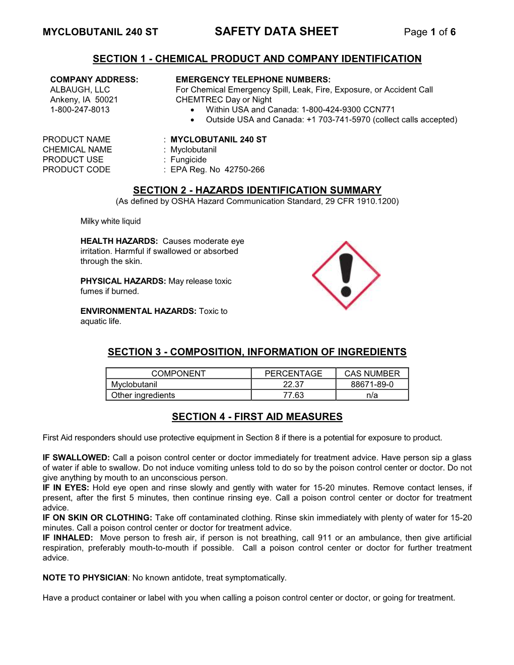 SAFETY DATA SHEET Page 1 of 6