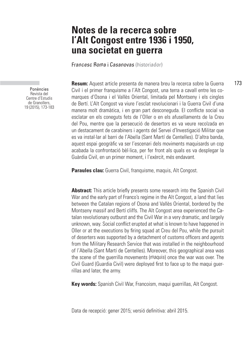 Notes De La Recerca Sobre L'alt Congost Entre 1936 I 1950, Una