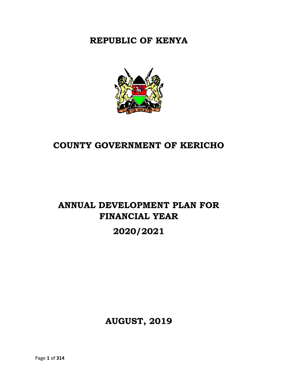 Republic of Kenya County Government of Kericho Annual Development Plan