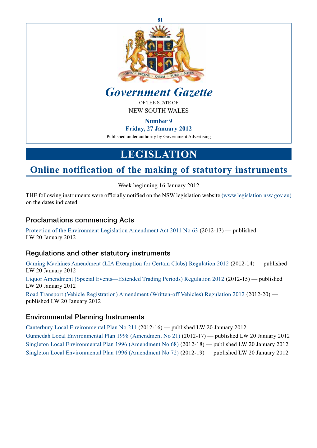 Government Gazette of the STATE of NEW SOUTH WALES Number 9 Friday, 27 January 2012 Published Under Authority by Government Advertising