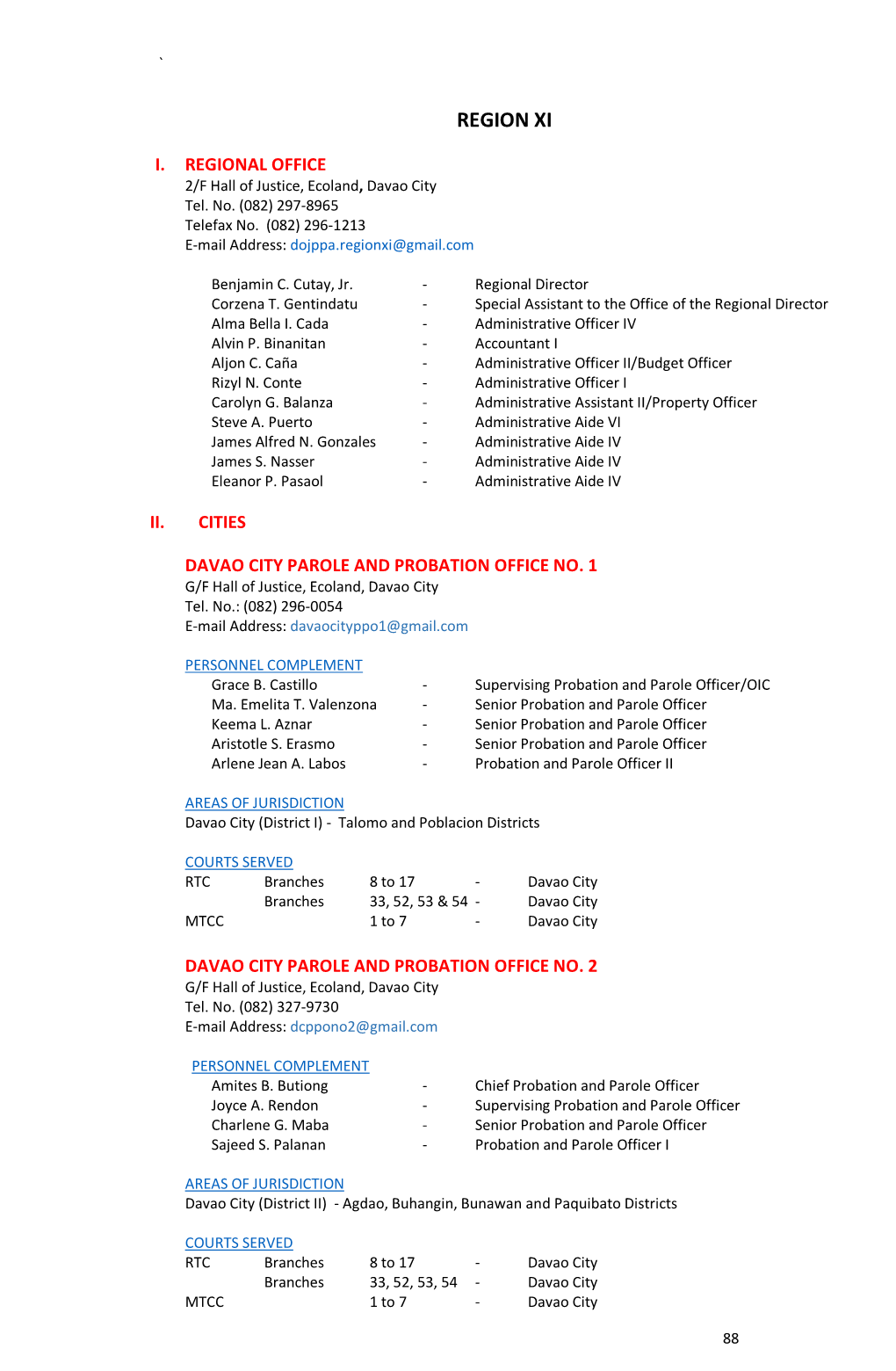 Directory of Field Office, Areas of Jurisdiction, Courts Served and Personnel Complement