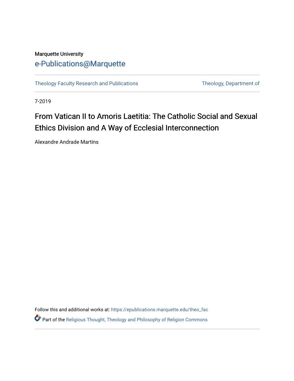 From Vatican II to Amoris Laetitia: the Catholic Social and Sexual Ethics Division and a Way of Ecclesial Interconnection