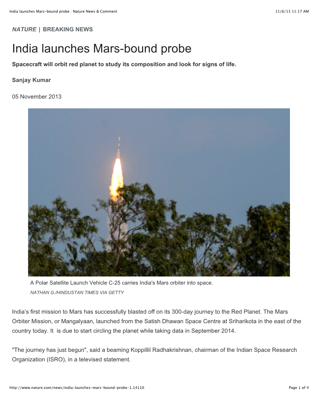 India Launches Mars-Bound Probe : Nature News & Comment 11/6/13 11:17 AM