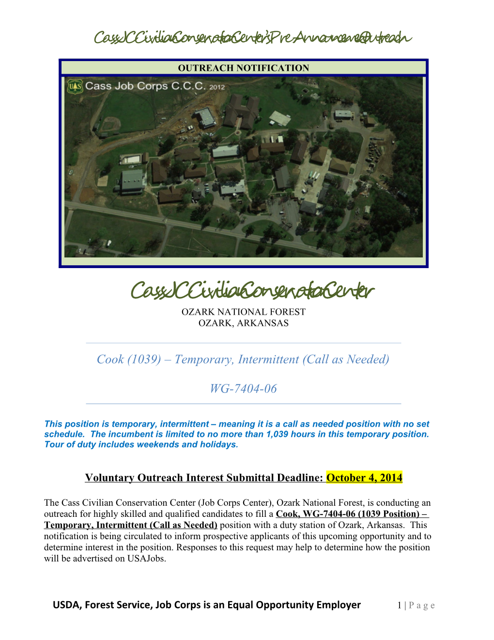 Cass JC Civilian Conservation Center S Pre-Announcement Outreach