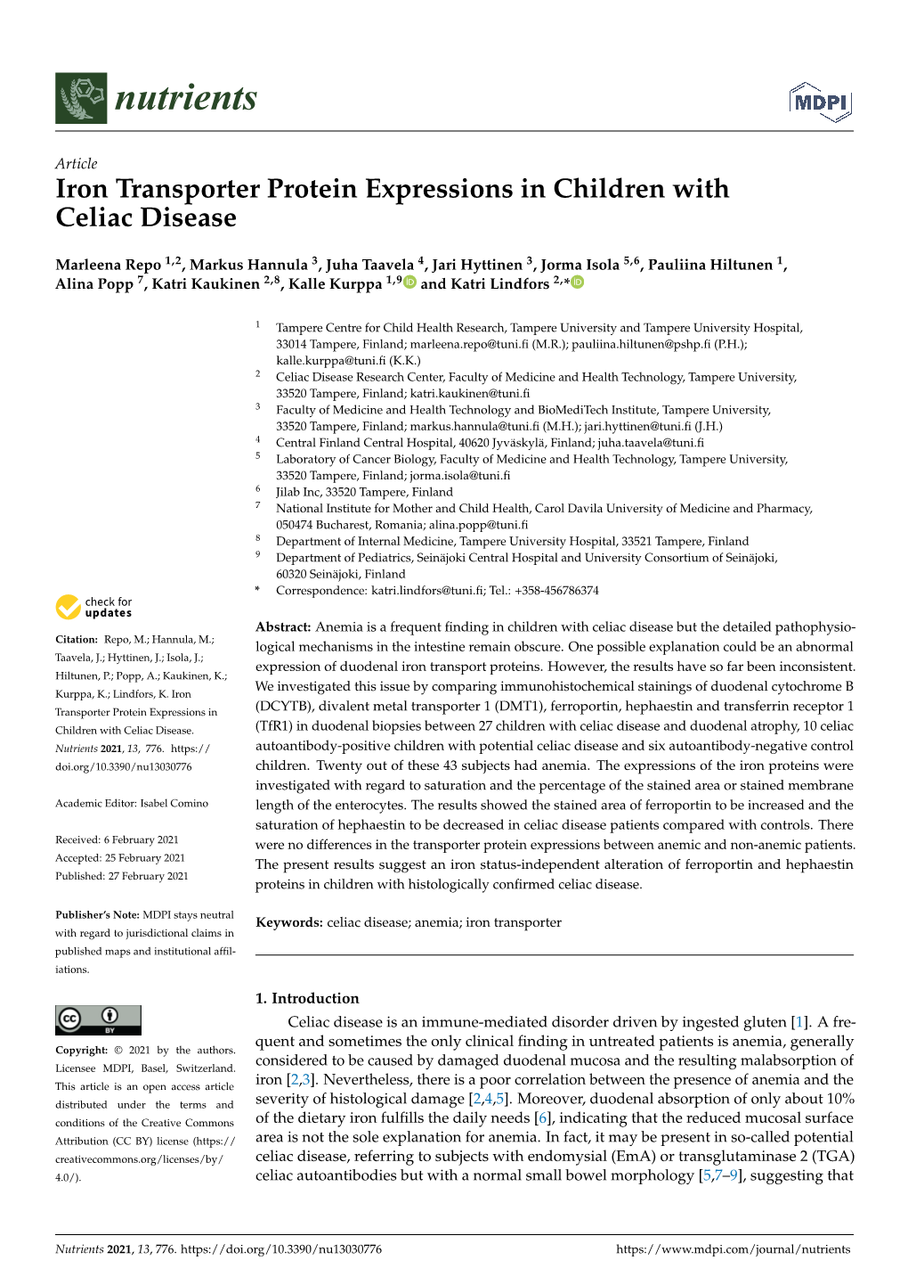 Iron Transporter Protein Expressions in Children Withceliac Disease