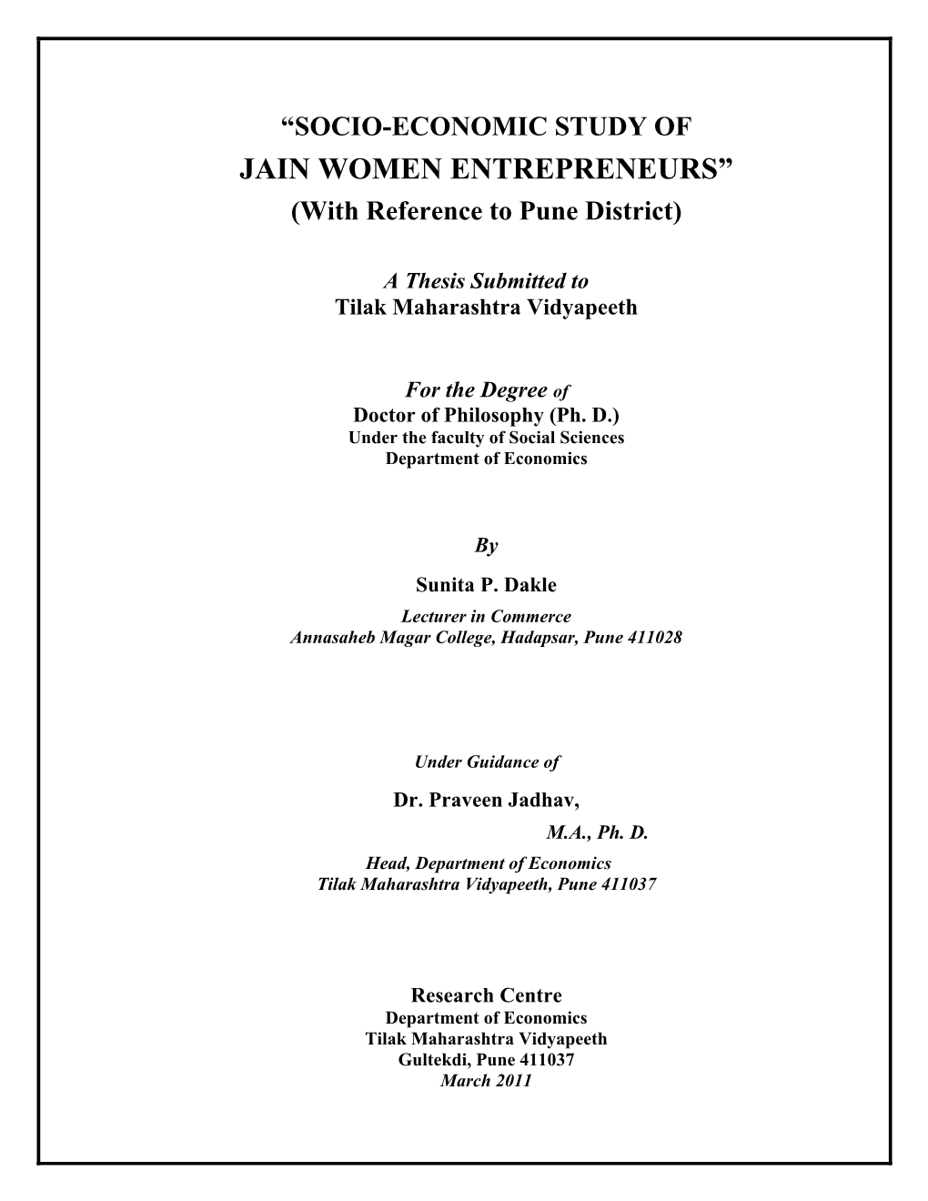 JAIN WOMEN ENTREPRENEURS” (With Reference to Pune District)