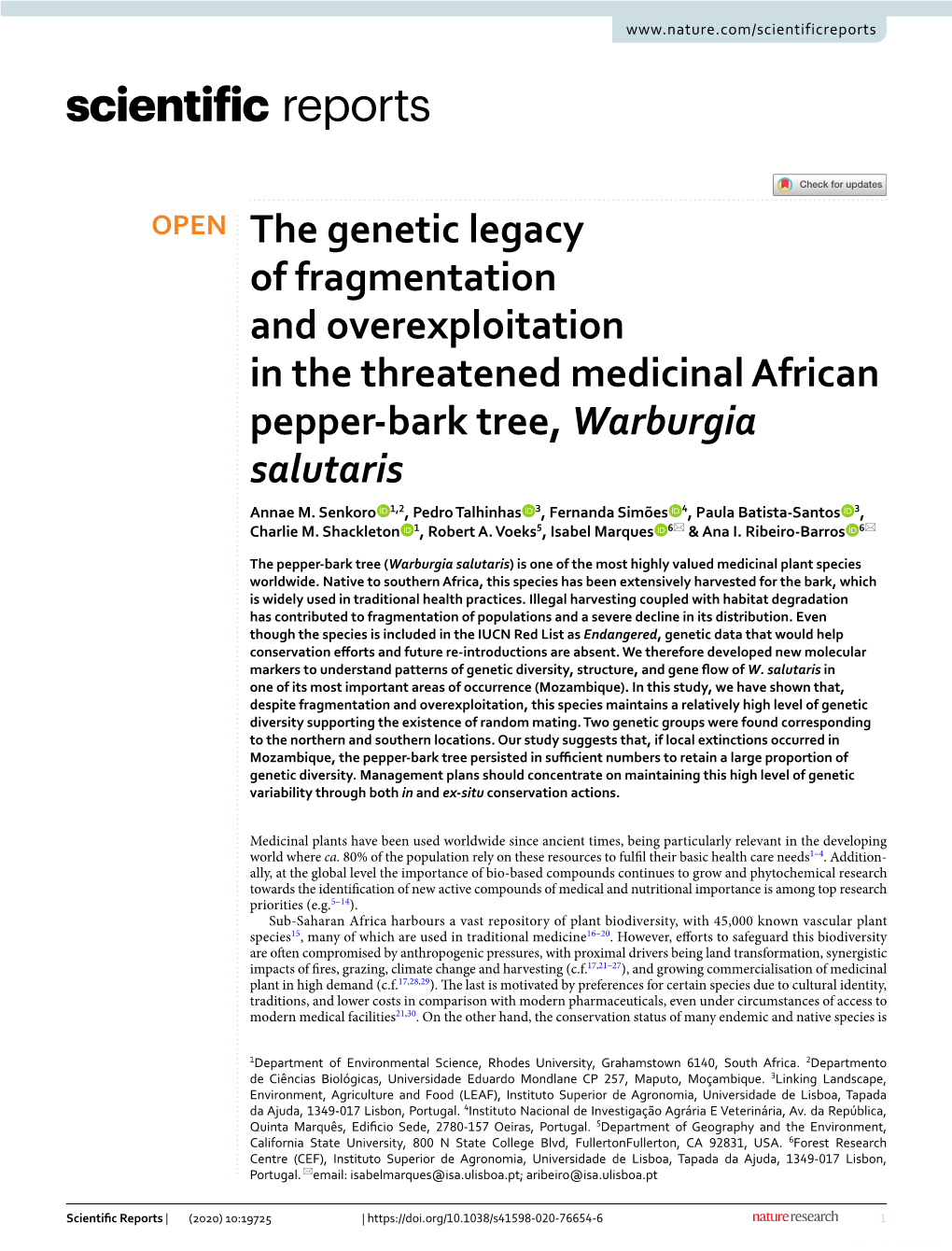 The Genetic Legacy of Fragmentation and Overexploitation in the Threatened Medicinal African Pepper-Bark Tree, Warburgia Salutar