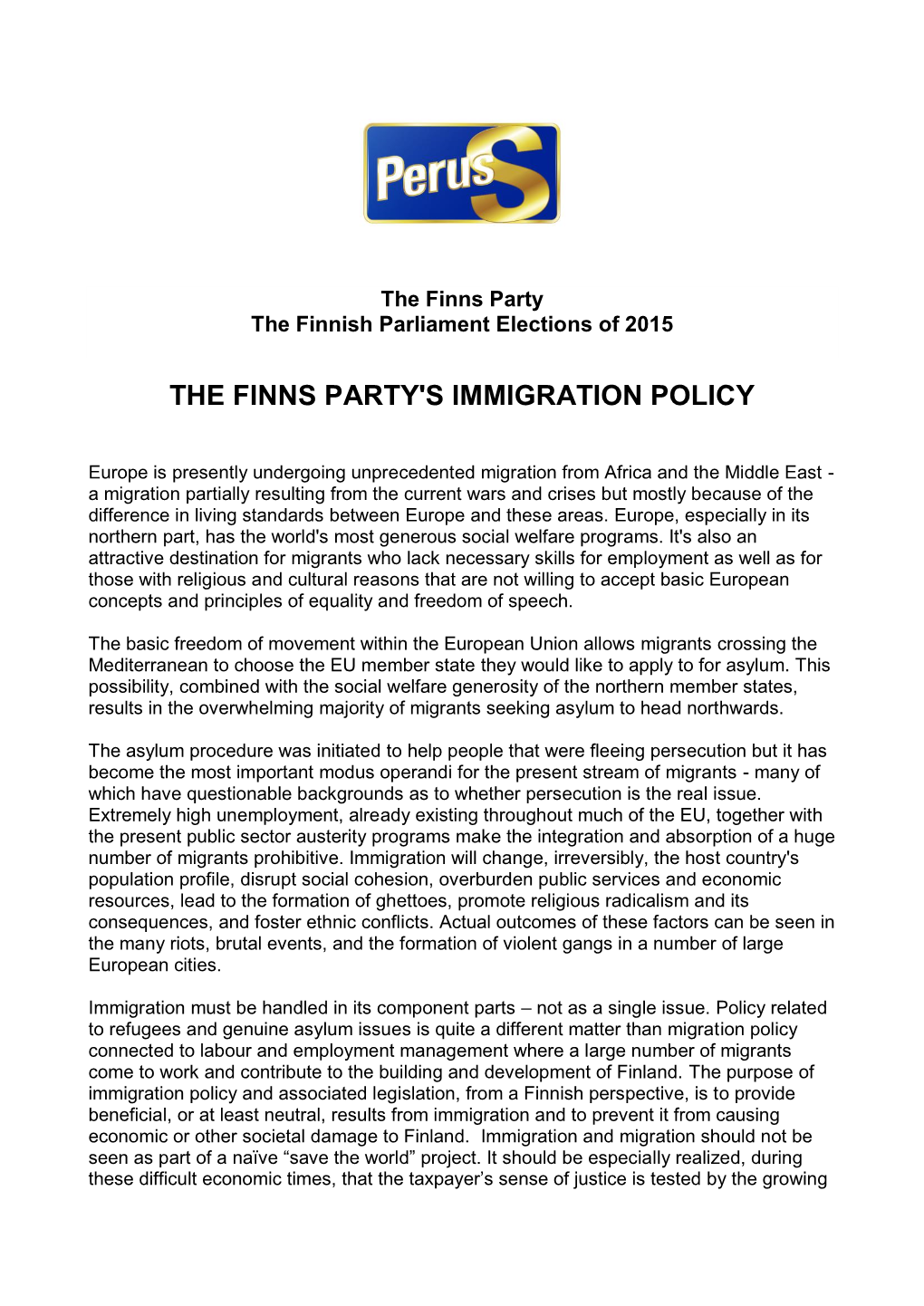 The Finns Party's Immigration Policy