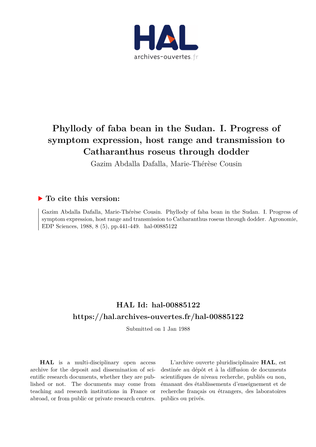 Phyllody of Faba Bean in the Sudan. I. Progress of Symptom Expression