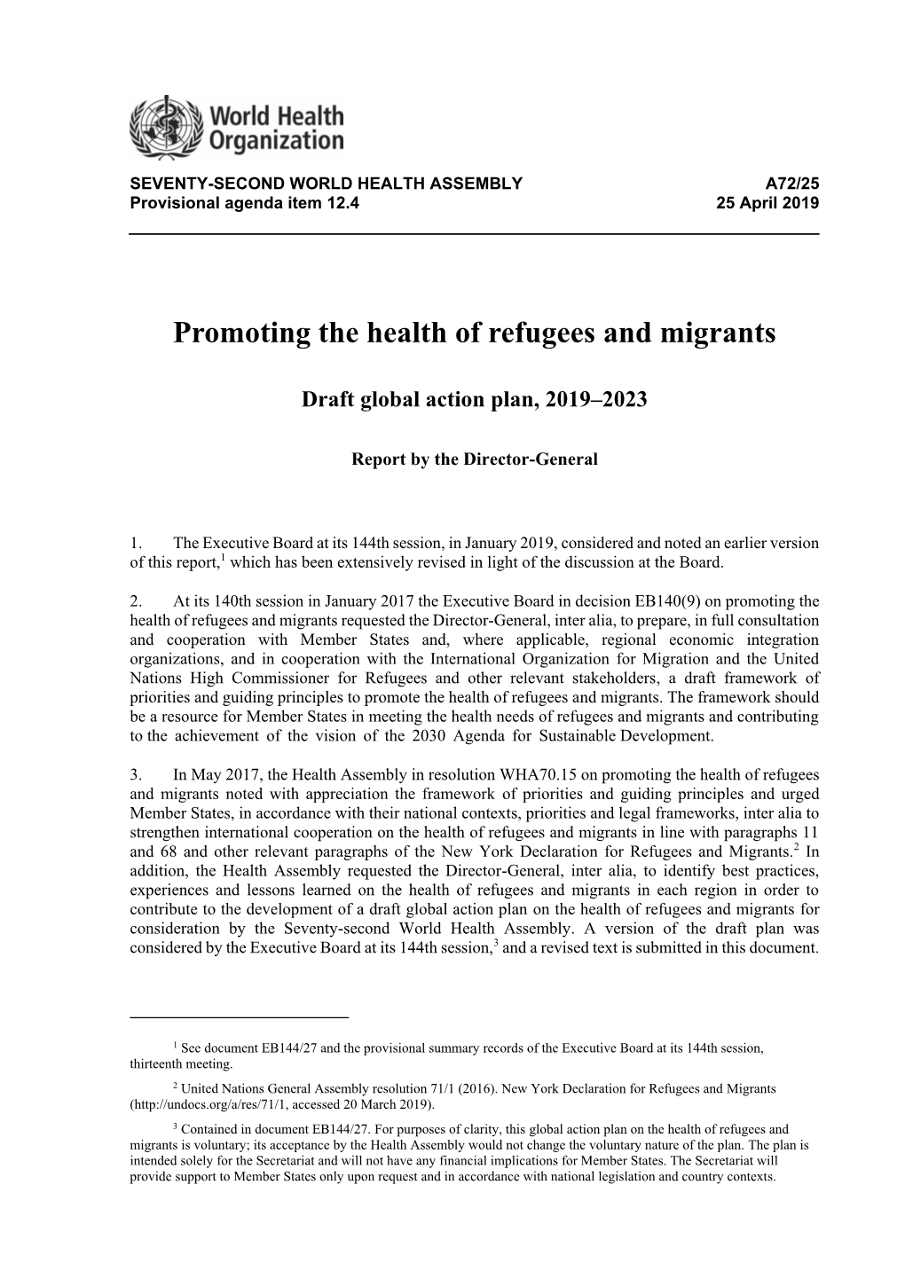 Global Action Plan on Promoting the Health of Refugees and Migrants, 2019-2023