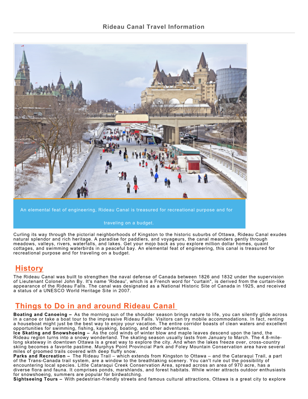 Rideau Canal Travel Information