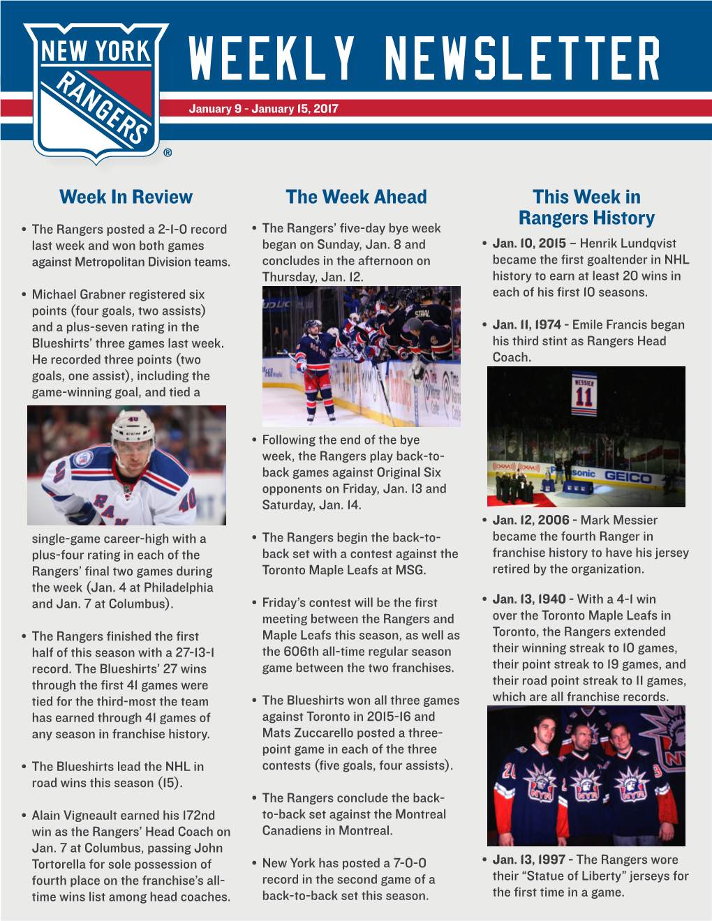 Week in Review the Week Ahead This Week in Rangers History