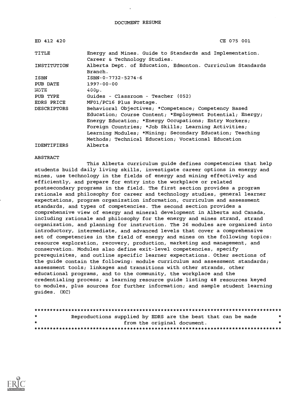 TITLE Energy and Mines. Guide to Standards and Implementation