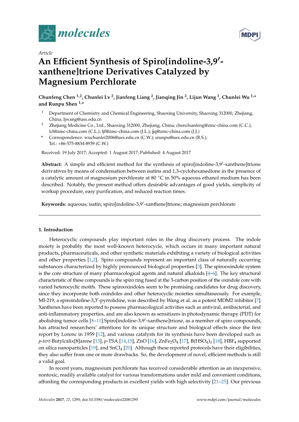 An Efficient Synthesis of Spiro[Indoline-3,9'-Xanthene]