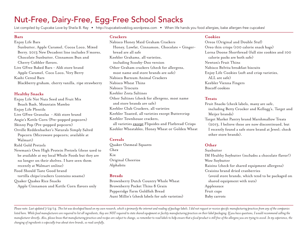 Nut-Free, Dairy-Free, Egg-Free School Snacks List Compiled by Cupcake Love by Sheila B