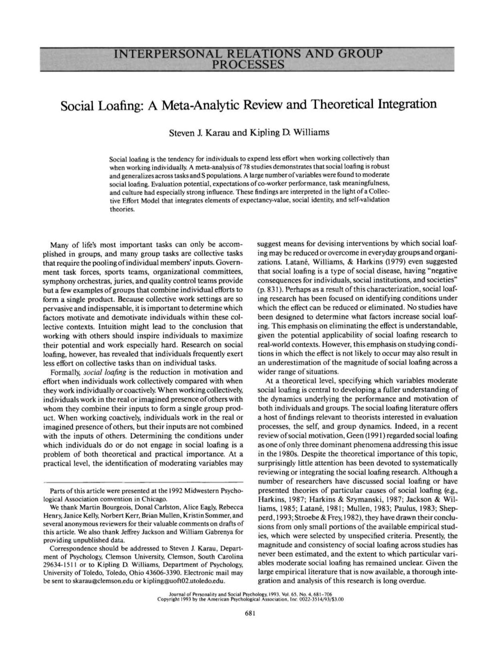 Social Loafing: a Meta-Analytic Review and Theoretical Integration