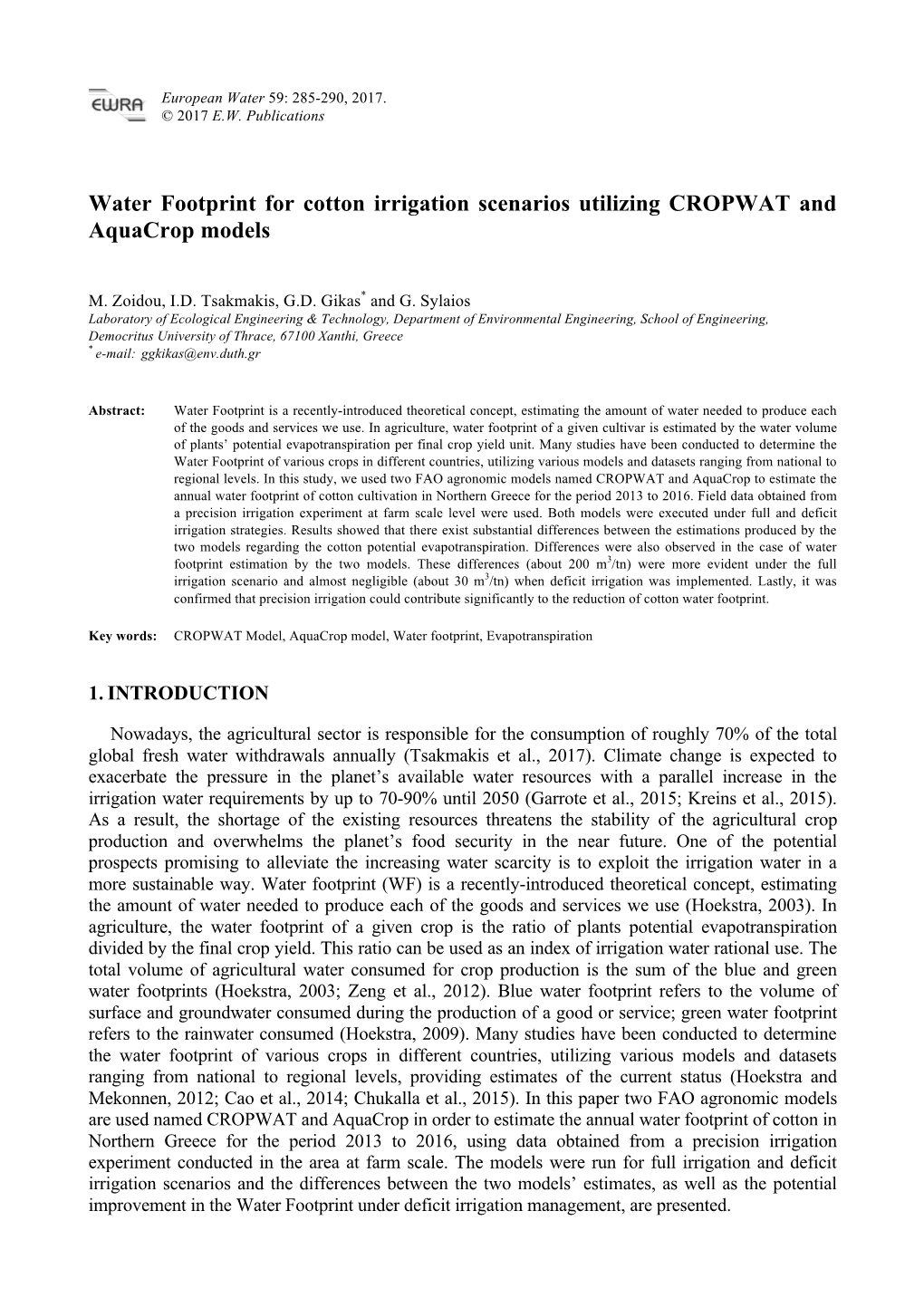 Water Footprint for Cotton Irrigation Scenarios Utilizing CROPWAT and Aquacrop Models