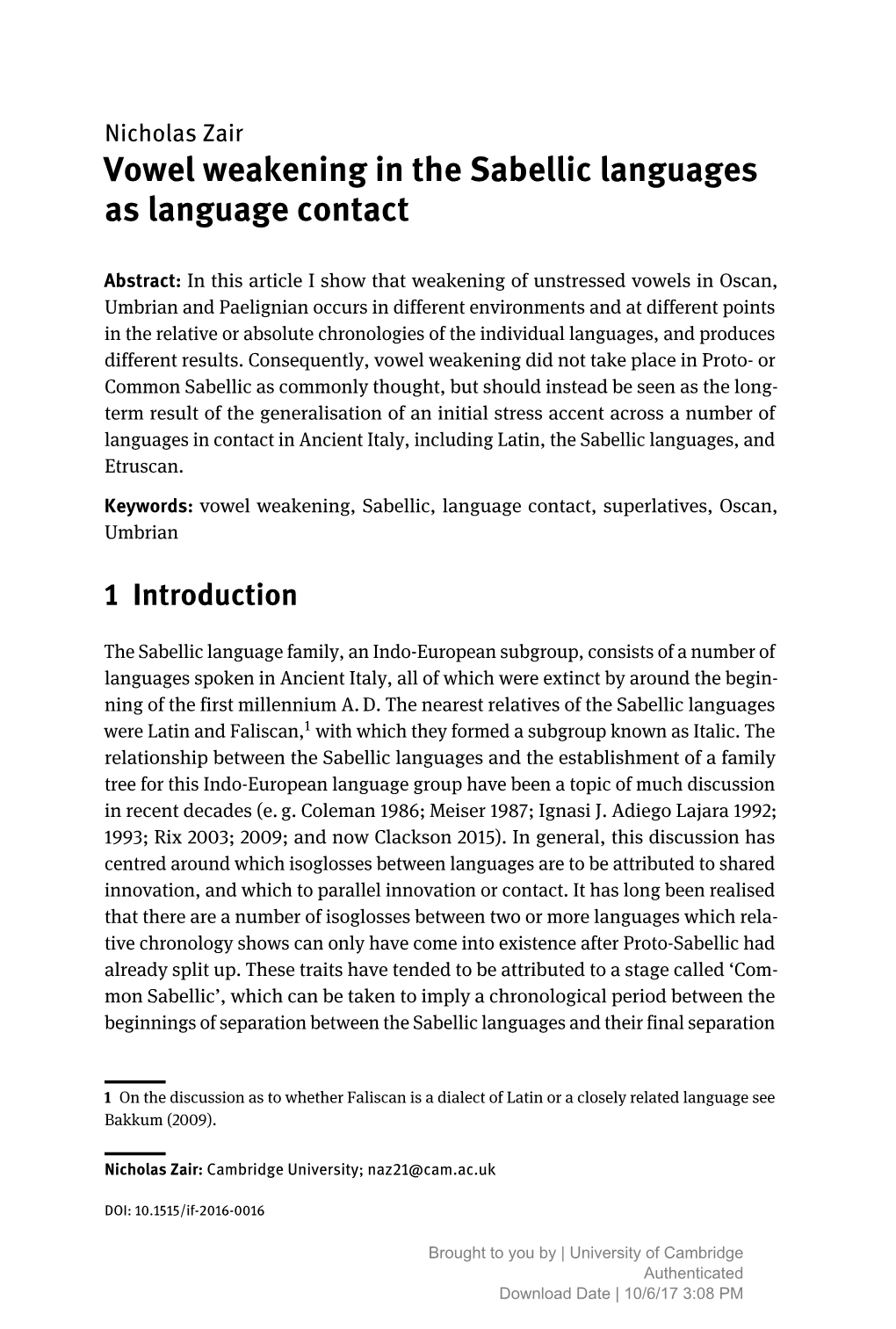 Vowel Weakening in the Sabellic Languages As Language Contact