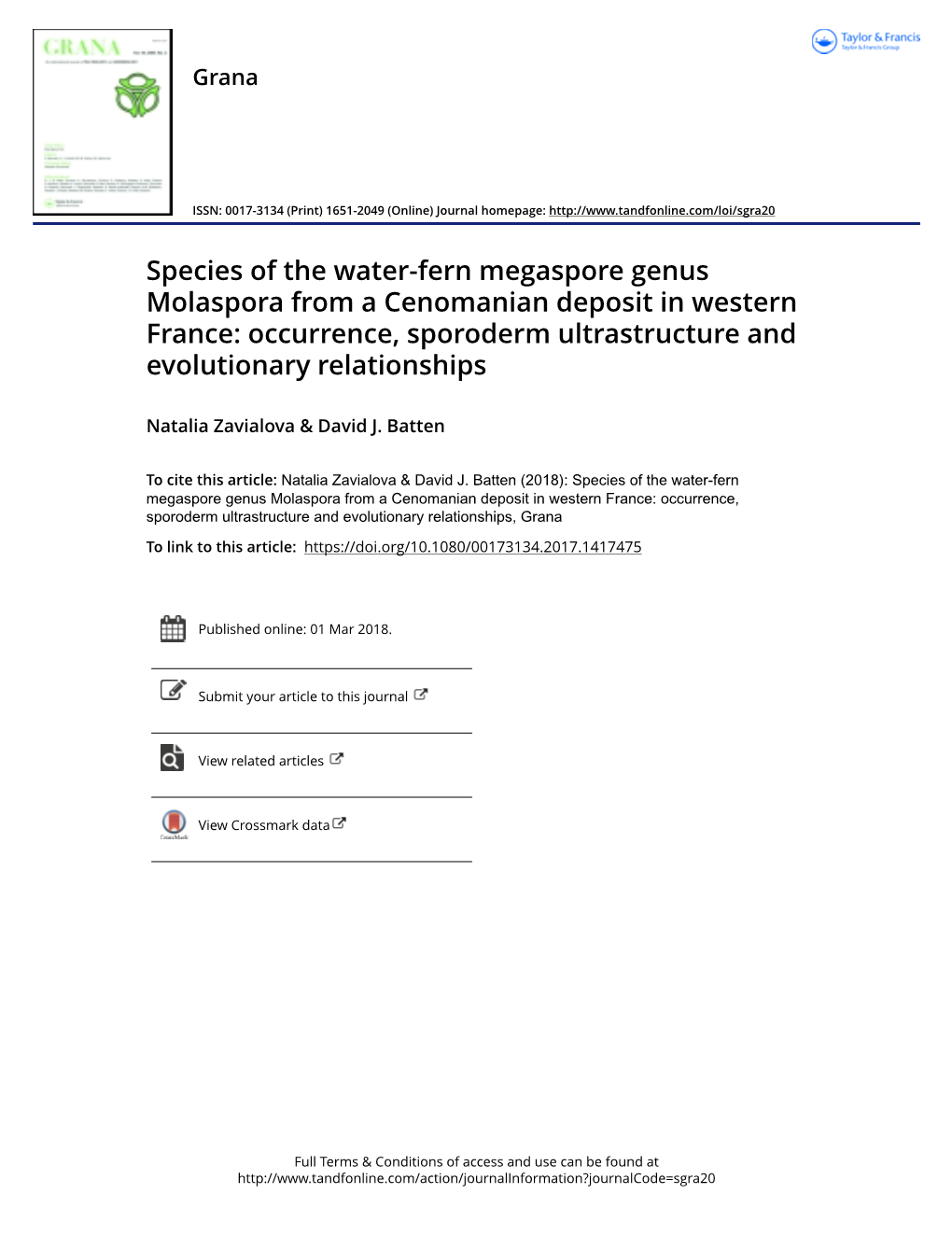 Species of the Water-Fern Megaspore Genus Molaspora from a Cenomanian Deposit in Western France: Occurrence, Sporoderm Ultrastructure and Evolutionary Relationships