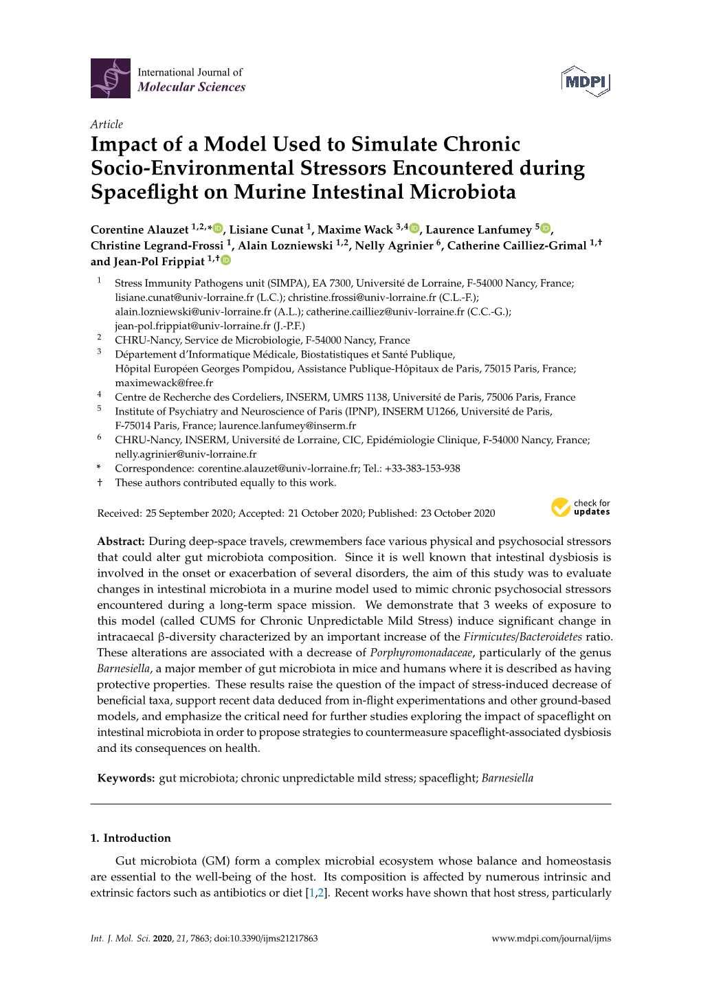 Impact of a Model Used to Simulate Chronic Socio-Environmental Stressors Encountered During Spaceﬂight on Murine Intestinal Microbiota